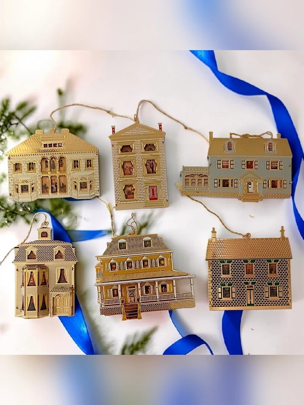 6 Bing Grondahl Collection Doll Houses of America Ornaments Gold Plate Christmas